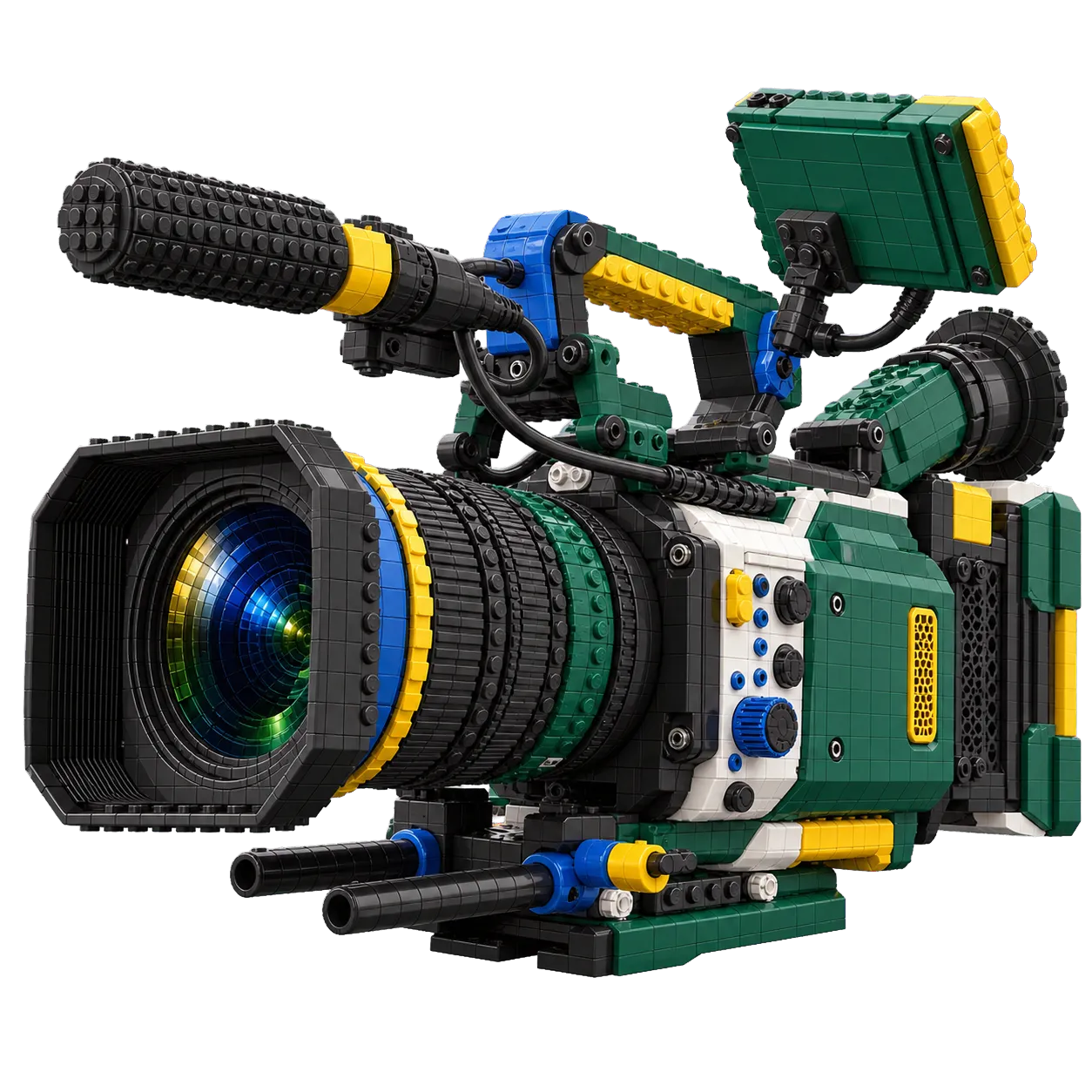 Câmera profissional de cinema e broadcast construída com blocos nas cores da ABCM